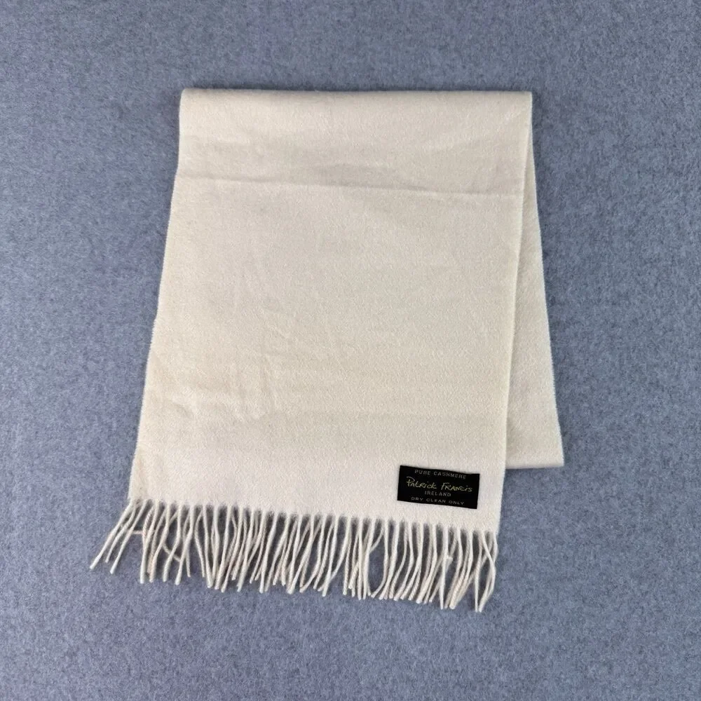 Patrick Francis Ireland Ivory Pure Cashmere Fringe Scarf 12x55 Minimalist Luxury